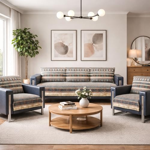 Image of Elegant Woven Grey Sofa Cover - Soft Chenille Traditional Pattern with Lace Style | L-Shape Sectional Seat Protector for Living Room | Durable & Stylish Slipcover 5 Seater Sofa Cover