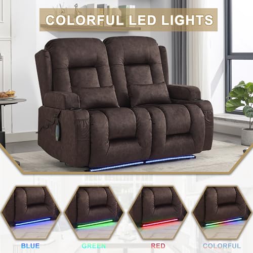 Image of URRED Power Loveseat Recliner Sofa with Massage and Heat, Wall Hugger Reclining Loveseat, RV Couch Home Theater Seating with LED Lights for Living Room (Brown, 54 inch - 2 Seats)