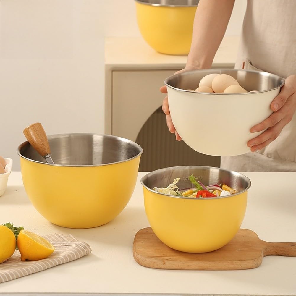 Edelstahlschüssel, Schüssel mit Deckel, 304 Rührschüsseln zum Backen, Kochen, Salat, Eierschlagen, stapelbares Küchen-Vorbereitungsschüssel-Set, stapelbares Design (3 gelbe Deckel)