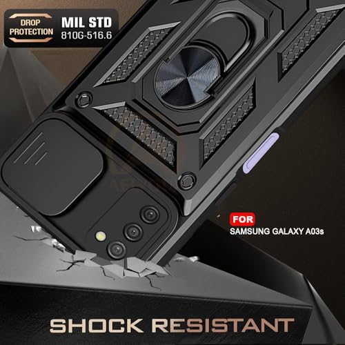 Image of Armor Bumper Back Cover Case for Samsung Galaxy A03s Rotating Camera Cover, Ring Holder & Kickstand | Heavy Duty & 360 Degree Protection Samsung Galaxy A03s Back Cover (Black)