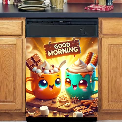 Image of HOMETITUTE Good Morning Magnetic Dishwasher Cover 23x26 Inch Cartoon Cup Cocoa Marshmallow Panel Sticker for Kitchen Fridge Door Appliance Magnet Decorative Breakfast Theme Wrap