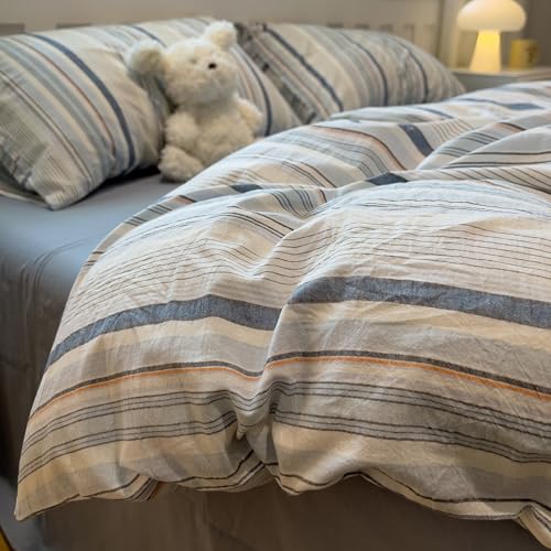 Image of mixinni Vintage Blue and White Striped Duvet Cover Set King - 100% Washed Cotton 3 Piece Bedding Set with Geometric Pattern, Soft Breathable Comforter Cover with Zipper Closure & Corner Ties