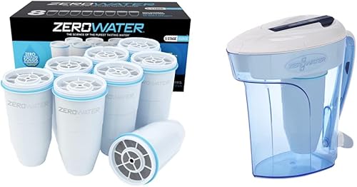 ZeroWater Filtro de repuesto oficial (paquete de 8) y jarra de filtro de agua de 5 etapas lista para verter de 12 tazas