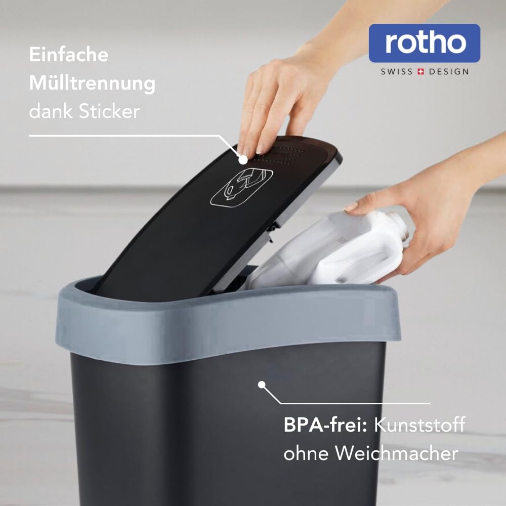 Rotho Twist 3er-Set Mülleimer mit Deckel 10l, 25l & 50l | Ideales Einsteigerset Küche, Bad | mit Schwingdeckel und Klappdeckel | schmal & platzsparend | leicht zu reinigen | schwarz/silber