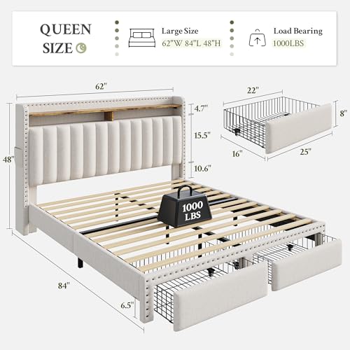 EnHomee Queen Size Bed Frame, Upholstered Queen Bed Frame with 2 Storage Drawers and 2-Tier Headboard, Vertical Tufted Headboard Design, Extra Storage Space for Bedroom Apartment, Beige - Image 3