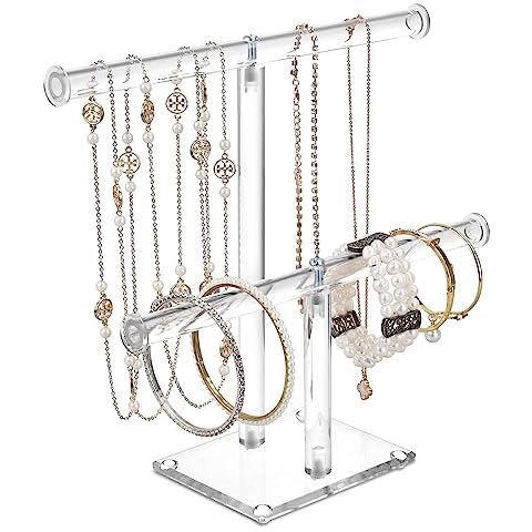 MOOCA Deluxe Clear Acrylic Jewelry Organizer, 2 Tier T-Bar Bracelet Holder, Acrylic Necklace Holder, Jewelry Holder, Jewelry Organizer Stand, Premium Quality with Enhanced Transparency Cover
