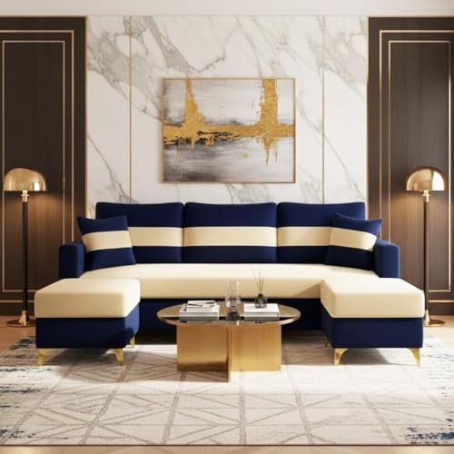 Image of SOCOZI Engima 5 Seater L Shape Sofa Set with 2 Movable Ottomans | Flexible Layout| Soft Velvet Suede Fabric|Modern Sofa | Plush Comfort Cushions for Living Room (Dark Blue-Cream)