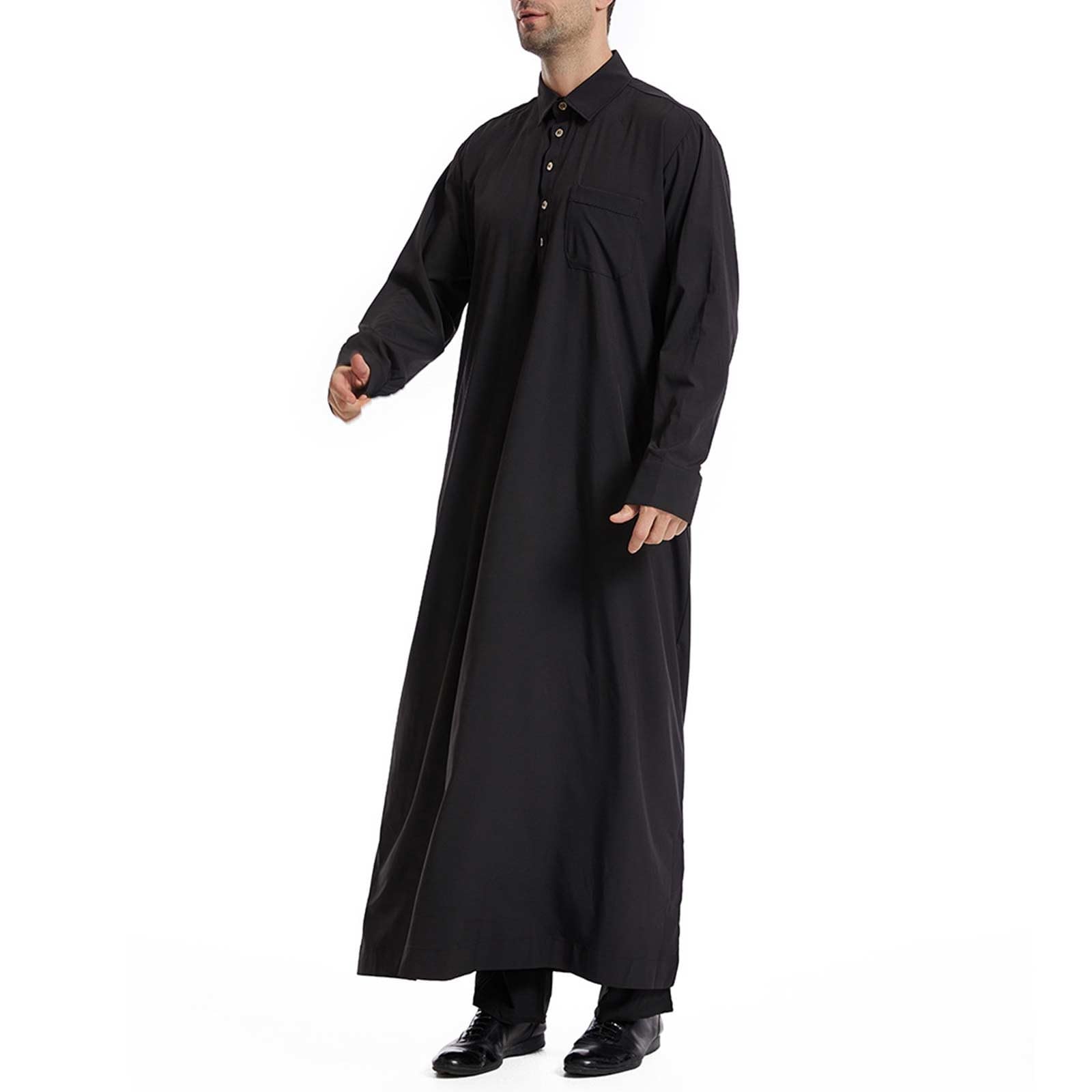 Męski długi szlafrok Thobe Jubba, islamska odzież ze stójką i guzikiem z przodu, arabski muzułmański kaftan Abaya, dopasowany krój, strój w stylu saudyjskim, do modlitwy Eid Ramadan