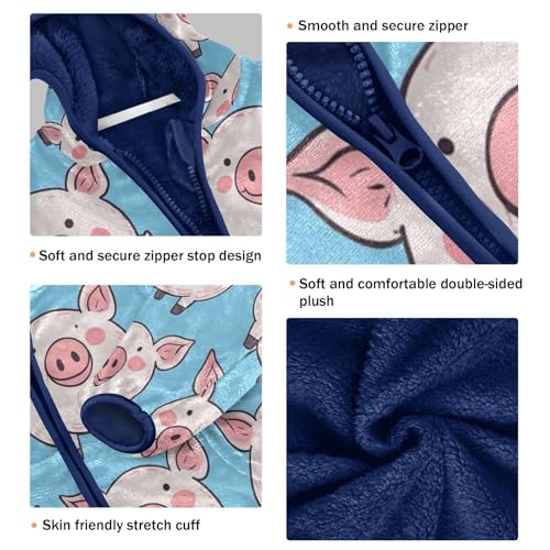 Cute Pig Blue Pattern Print Toddler Fleece Jacket Girl Boys Hooded Fleece Jacket Coat Warm Outwear Zip-up 3-10T3