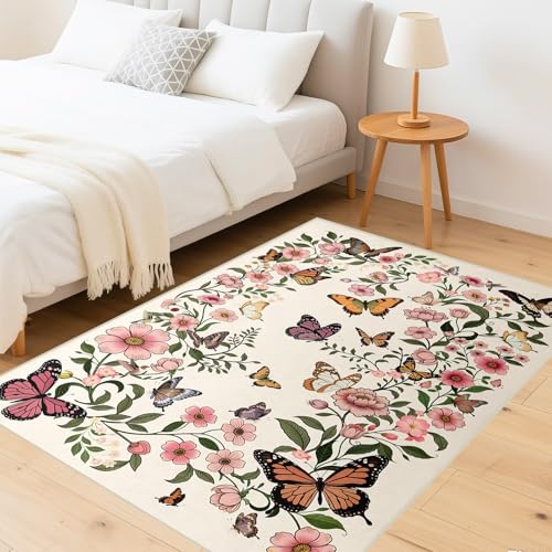 Area Rug for Living Room 5'x7' - Floral Butterfly Print 5x7 Area Rugs for Living Room Soft Beige Washable Rugs Ultra-Thin Indoor Door Mat (5'x7',Beige)