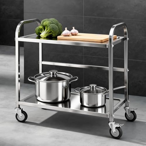 Cefito 2-Tier Stainless Steel Kitchen Trolley, 84x56x98cm Kitchen Island Trolley with 2 Locking Castors & Prep Countertop, Heavy-Duty Bar Cart Kitchen Rack Shelf, for Home & Commercial Use
