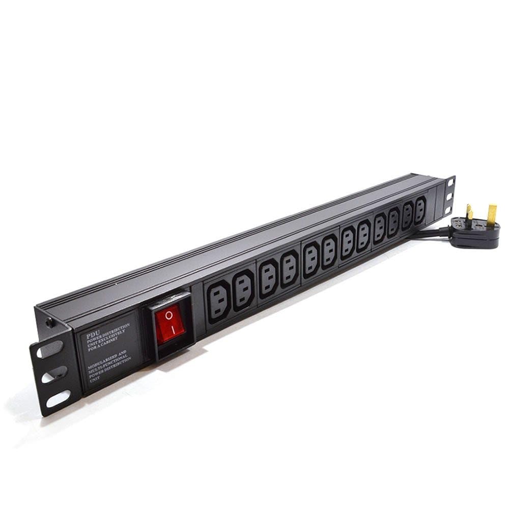 kenable PDU Power Distribution Unit 12 Way IEC C13 Sockets Horizontal Rack Mount UK Plug 3000W 13A 1.8m Cable Black