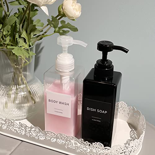 Image of Clear Soap Dispenser with Waterproof Labels, 16 oz Dish Soap Dispenser for Kitchen, Thickened Plastic Hand Soap Dispenser for Bathroom, Shampoo and Conditioner Pump Bottles with Silicon Funnel, 2 Pack