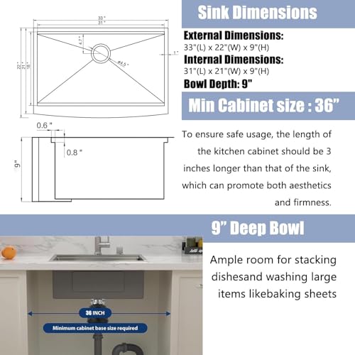 COMLLEN Black Farmhouse Sink 33 Inch,33x22 Apron Front Black Farm Sinks 16 Gauge Stainless Steel,Undermount Workstation Deep Single Bowl Luxury Rustic Farmhouse Kitchen Sinks with All Accessories by Comllen - Used condition - Image 6