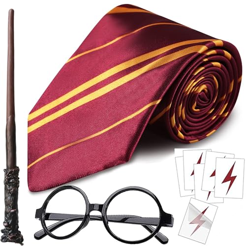 Komotu Wizard Costume,Wizard Wand and Tie and Glasses Magic Novelty Halloween Costume Accessories Set