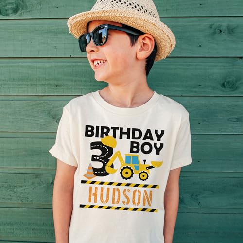 Custom 3rd Birthday Boy Toddler Shirt - Personalized Kids Name I'm Three 3 Years Old Construction Zone Backhoe Tractor Digger Outfit - Natural Toddler & Youth Boys Graphic Tee2
