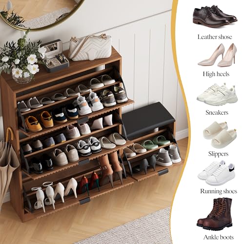 Image of HUANLEGO Shoe Cabinet Storage for Entryway with 4 Flip Drawers, Walnut Fluted Shoe Cabinet with Bench, Wooden Hidden Shoe Rack Freestanding Narrow Slim Shoes Storage Organizer for Hallway, Entrance