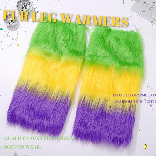 Abien Mardi Gras Womens Fluffy Leg Warmers Faux Fur Boot Sleeves Long Boot Covers Outfit for St. Patrick's Day Rave (Green/Yellow/Purple)3