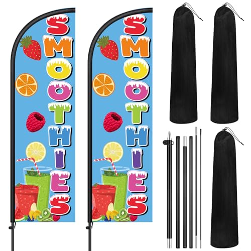 Image of Remagr 2 Pack Smoothies Feather Flag 7 ft Advertising Swooper Flag Sign Windless Smoothies Banner with Pole Kit and Ground Stake for Businesses Storefronts Retailers Shops Food Trucks Events