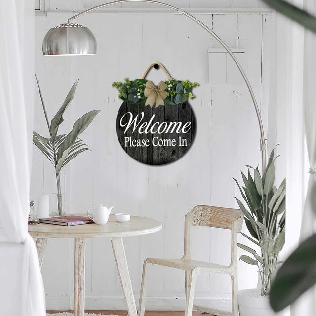Cartello di benvenuto per porta d'ingresso, Welcome We Are Open Please Come In, cartello rotondo in legno rustico, piante verdi artificiali e bellissimi fiocchi, il cartello per la porta d'ingresso