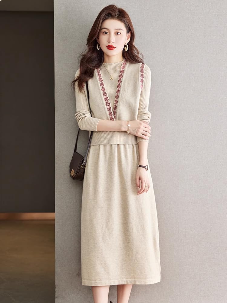 LIXINGHEITANG Knitted Wool Dress Women's Autumn and Winter Cashmere Long Skirt Short Vest Two- Suit