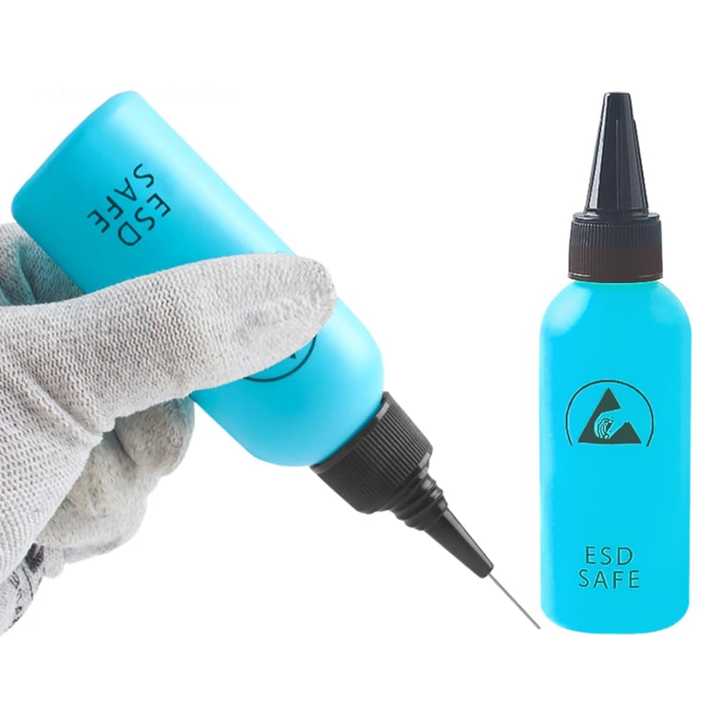Botella de plástico de 60 ml con punta de aguja de precisión, botella de disolvente antiestático con 1 dispensador de aguja para cargar pegamentos, adhesivos, líquidos, fundente de soldadura, botella