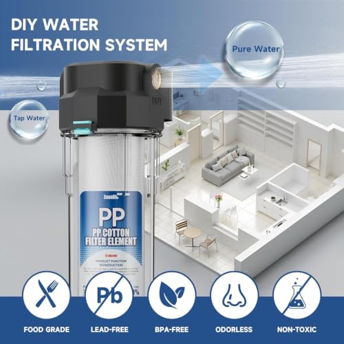 Image of Whole House Water Filter Housing, Fit 10 inchx2.5 inch Sediment etc Filters for Well and City Water, Pre-Filtration System for Home, 1 /2 inch Brass Portand includes a 3 /4 inch adapter, R-Type O-Ring, Bracketless