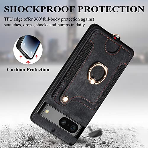Atatoo For Google Pixel 7A Case, Built-In Card Holder[5 Cards] & Rfid Blocking & Ring Holder & Wrist Strap, Shockproof Durable Wallet Phone Case For Pixel 7A 5G 2023-Black #TOP6
