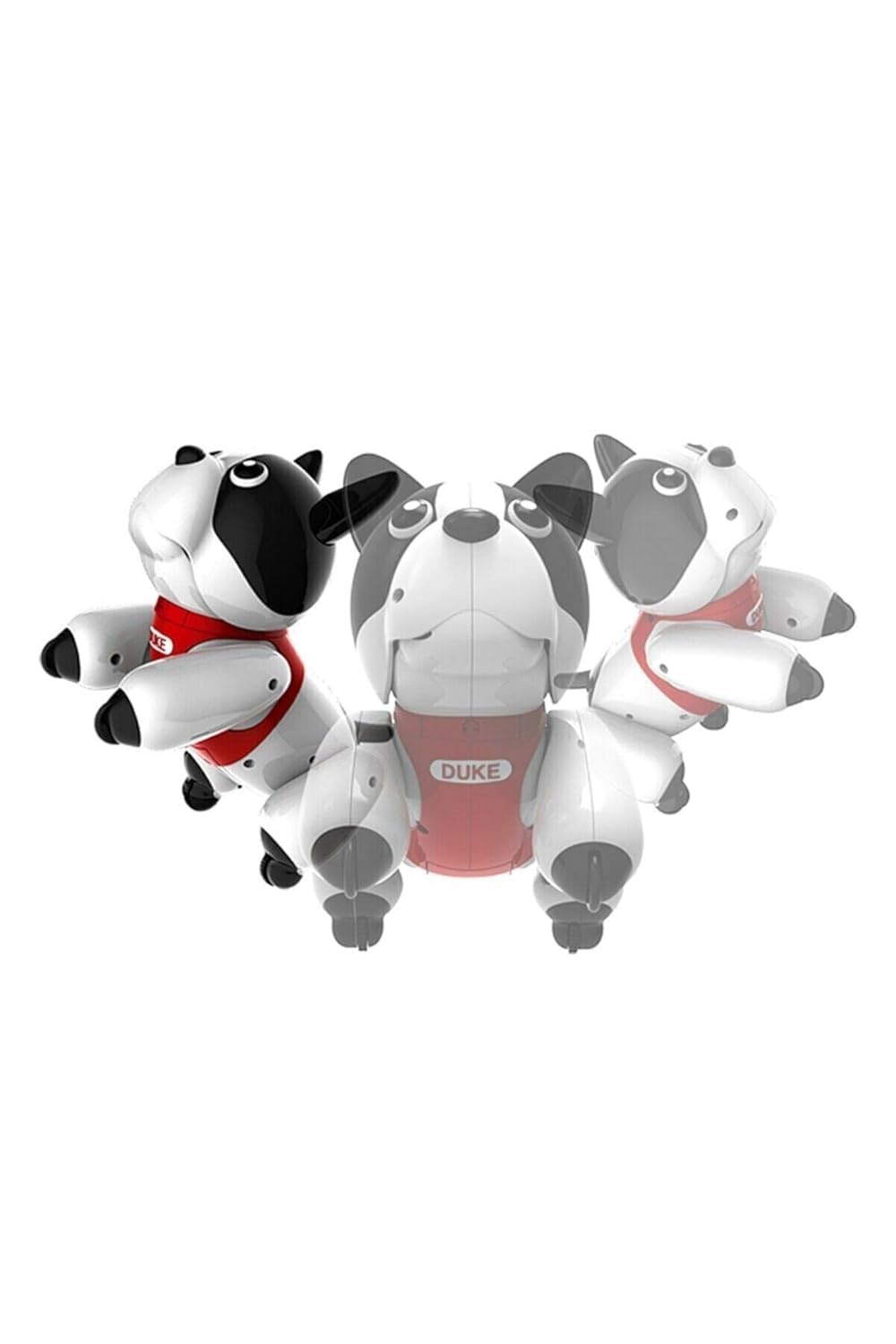 Three instances of the Silverlit Duke Robotic Puppy in different poses, demonstrating its lifelike movements