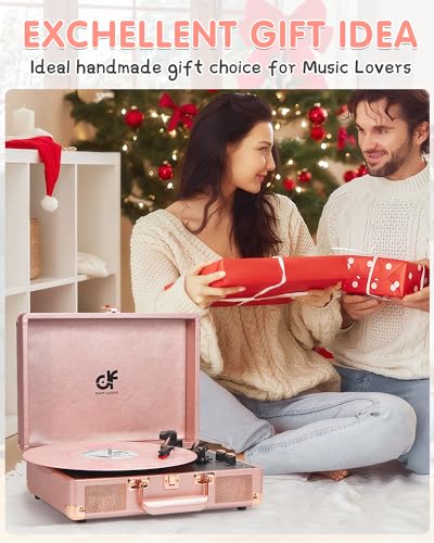 Vinyl Record Player 3-Speed Portable Suitcase Record Player with Built-in Speakers, 3.5mm Headphone Jack, RCA-Out/Aux in, Vintage Belt-Driven Turntable,Pink Rose Gold - Thumbnail 5