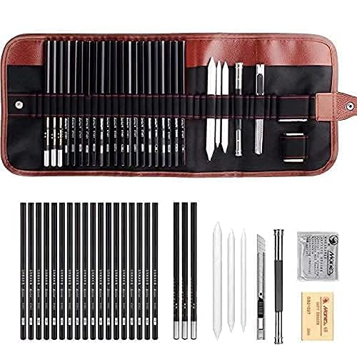 KISUASHI Professional Sketching & Drawing Art Tool Kit (29 Pieces) with Graphite Pencils, Charcoal Pencils, Paper Erasable Pen, Craft Lightwish with Canvas Rolling Pouch