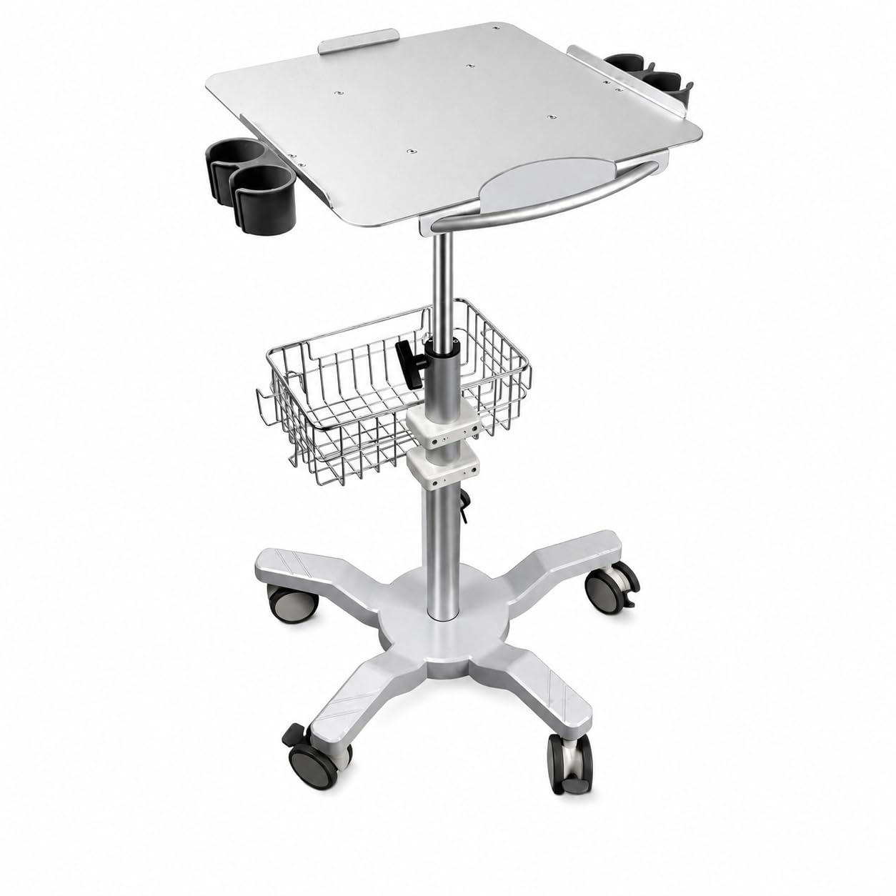 Chariot médical réglable stable anti-basculement avec plateau alu et 5 roues de frein