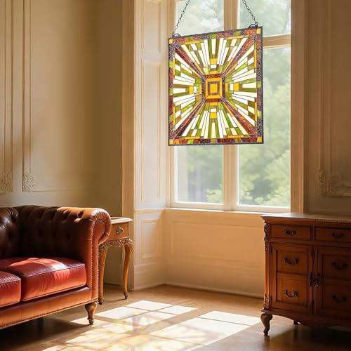 VEVOR Buntglasfensterpaneel (501 x 527 mm) hängendes Buntglas mit Kette, Buntglas im Tiffany-Stil zum Aufhängen, traditionelles rechteckiges Vintage-Kunsthandwerk Fensterdekor für Küche & Kirchen