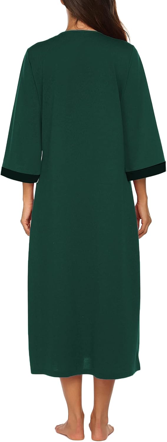 Ekouaer Women Zipper Robe 3/4 Sleeves Loungewear Dress Full Length Sleepwear Pockets Housecoat Nightgown Long Bathrobe - Image 4