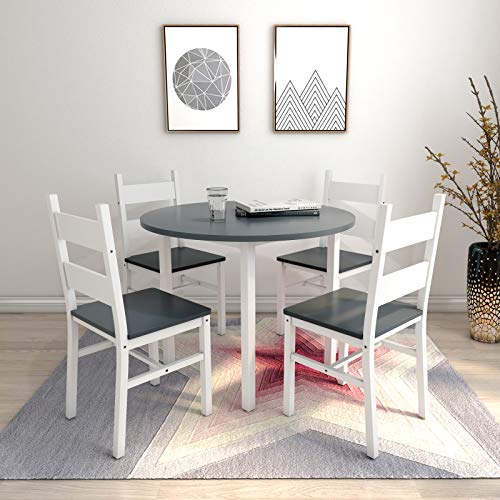mecor 5-Piece Kitchen Dining Round Table Set, Modern Solid Wood Round Table w/ 4 Chairs for Home Kitchen Dining Room Furniture, Grey