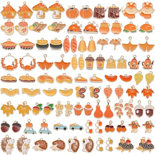 100Pcs 50 Pairs Fall Charms for Jewelry Making and Bracelets Thanksgiving Autumn Charms Gold Enamel Jewelry Pendants for Earring Bracelet Necklace Crafts Making