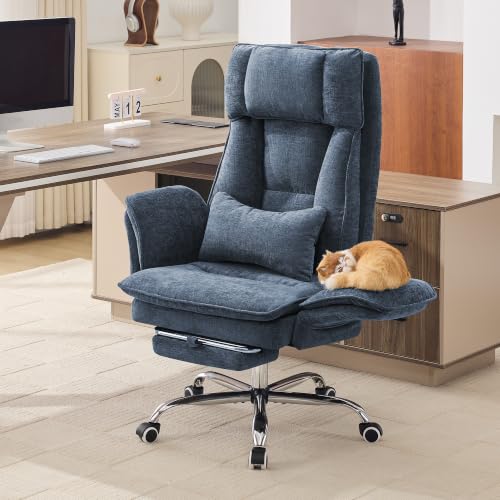 Image of HUBSON Big and Tall Office Chair, Footrest & Flip Armrest for Pets, Blue | Executive Ergonomic Criss Cross Chair, Reclining High Back Desk Chair, Chenille Swivel Computer Chair with Lumber Pillow