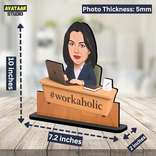 Image of Personalized Workaholic Girl Caricature Gift Custom Office Desk Avatar Birthday Gift for Wife Girlfriend Sister Friend Unique Corporate Gift for Women (Workaholic Girl, 10 Inches)