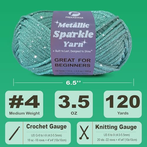 Image of Metallic Sparkle Yarn for Crochet and Knitting with Easy-to-See Stitches, Worsted Weight Medium #4, Beginners Yarn for Amigurumi, Bags, Handmade Gifts, Home Decor (Seafoam, 1 Pack)