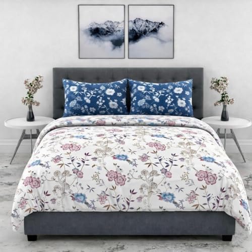 Image of DECOR2ADMIRE Premium Cotton Bedsheet Double King Size 90x100 Inches, 300 TC Soft Breathable Printed Bed Sheet with 2 Pillow Covers (White Blue Contrast, Double 90 inch x 100 inch)