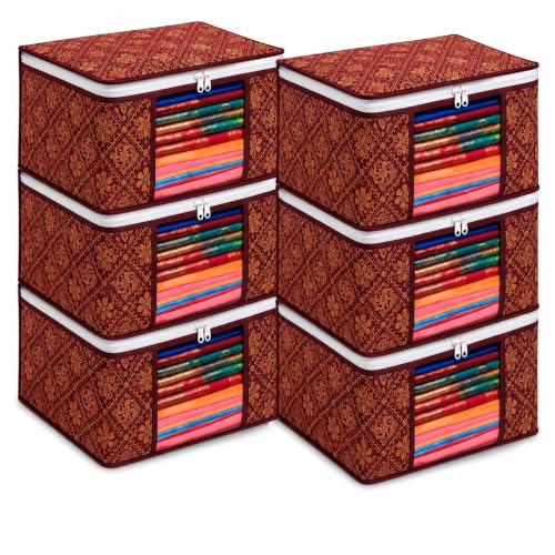Image of LAXIS Saree Organiser for Wardrobe, Foldable Royal Print Saree Covers for Storage Set with Clear Window & Zipper, Golden-Mahroon (Pack of 6)