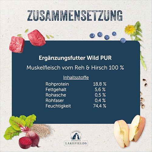 Lakefields Premium Hundefutter Nass | Wild pur 100% | 6 x 400g | Reines Muskelfleisch | Wildfleisch aus artgerechter Tierhaltung | Getreidefreies Nassfutter für Hunde | Regional & Naturbelassen