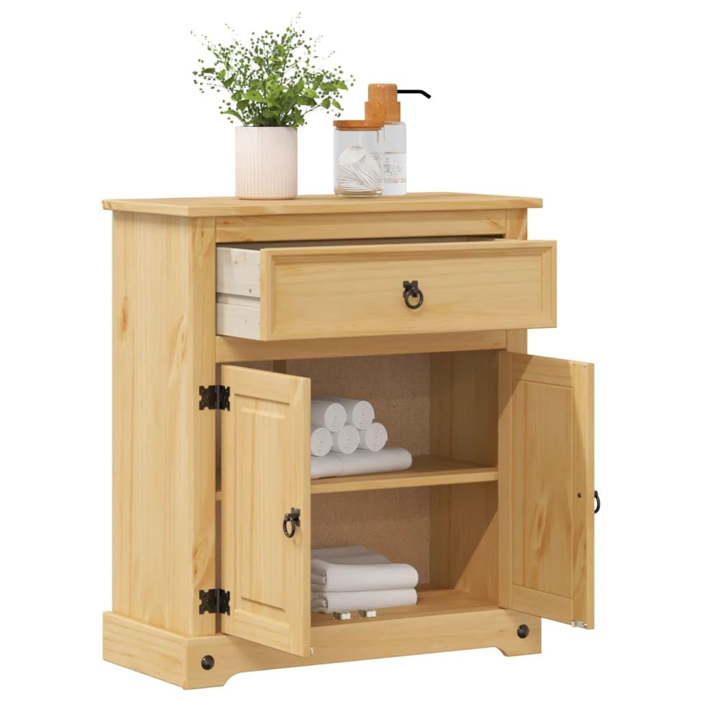 Szafka łazienkowa Corona z litego drewna sosnowego z wykończeniem woskiem miodowym, 70 x 33 x 80 cm, 1 szuflada, 2 drzwi, nie zajmuje dużo miejsca, meble łazienkowe z miejscem do