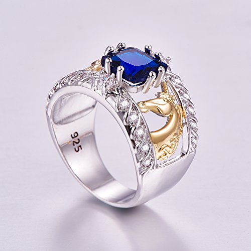 Silver Plated Princess Cut Created Blue Sapphire Cubic Zirconia Filled Engagement Wedding Proposal Promise Wide Rings Unicorn Horse Band for Women4