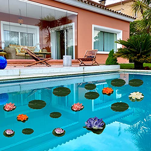 Micbutty 24 Pieces Lily Pads For Ponds, Artificial Water Floating Lotus Flowers Decor With Artificial Dragonfly Frog Lotus Leaves, Water Lily Pads Ornaments For Pond Pool Aquarium Water Decoration #TOP6