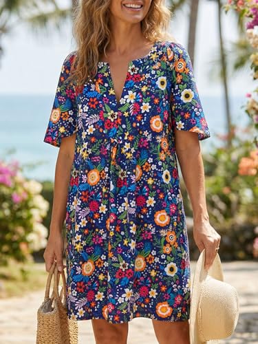 Image of Wenrine Womens Flutter Short Sleeve Mini Dress Casual V Neck Loose Flowy Summer Dresses