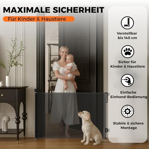 Allyson® Treppenschutzgitter Ausziehbar, Türschutzgitter bis 140 cm Treppengitter für Kinder & Haustiere, Kinderschutzgitter 85 cm Höhe, Haustierschutzgitter Einziehbar, Verstellbar & Stabil – Schwarz