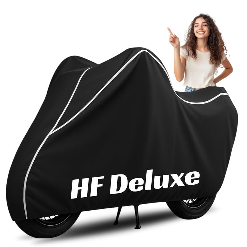 Image of Premium Bike Cover for Hero HF Deluxe, Water Resistant, Dustproof, UV Protected, Scratchproof Motorcycle Cover for Outdoor Use, All Weather Protection (Black & White Piping)