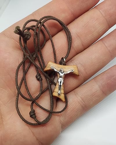 Tau Crucifix St. Saint Francis Olive Wood Cross With Necklace Cord Rope 1 inc With Silver Crucifix2