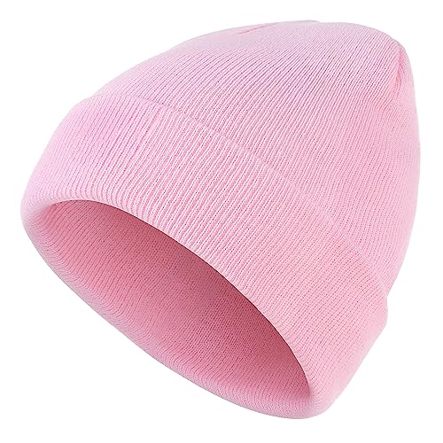 American Trends Men Women Beanie Hat Knit Cuffed Winter Hats Warm Soft Cute Plain Skull Beanie Hats For Outdoor Pink One Size #TOP3